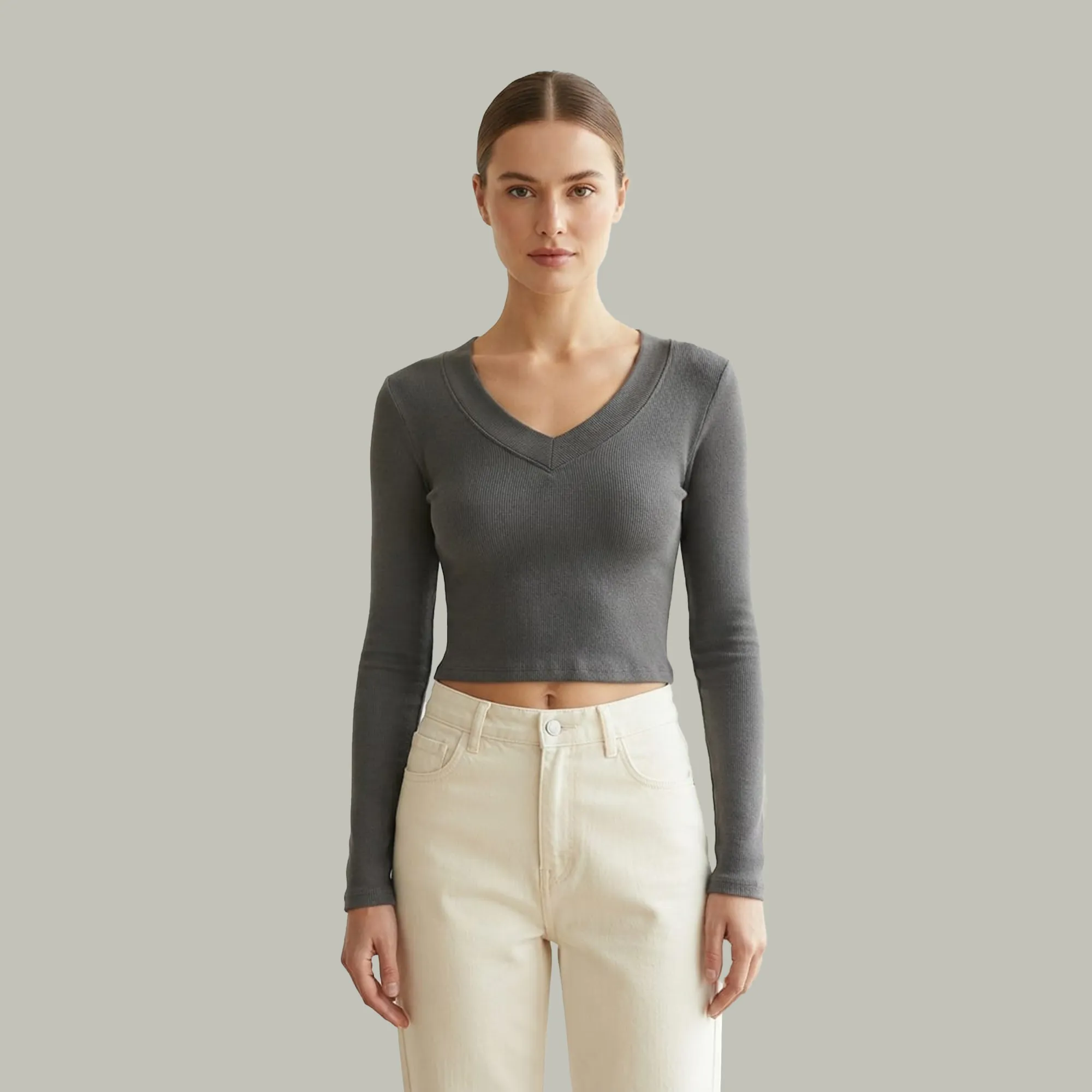 Charcoal-grey-ribbed-V-neck-full-sleeve-fitted-crop-top-for-women