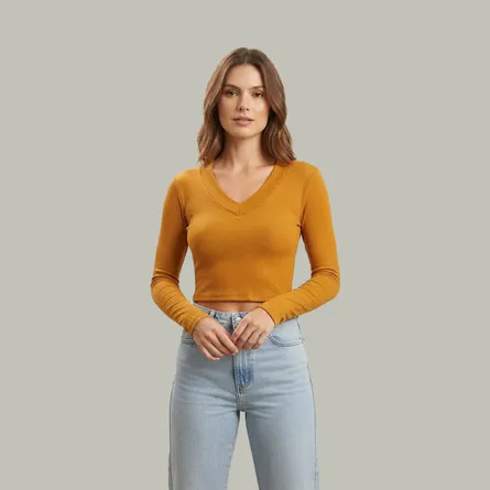 Yellow-ribbed-V-neck-full-sleeve-fitted-crop-top-for-women