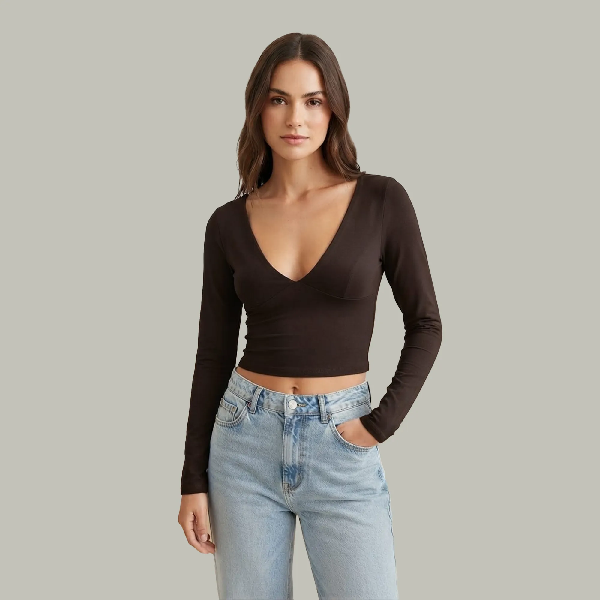 Brown-wrap-front-V-neck-full-sleeve-fitted-crop-top-for-women