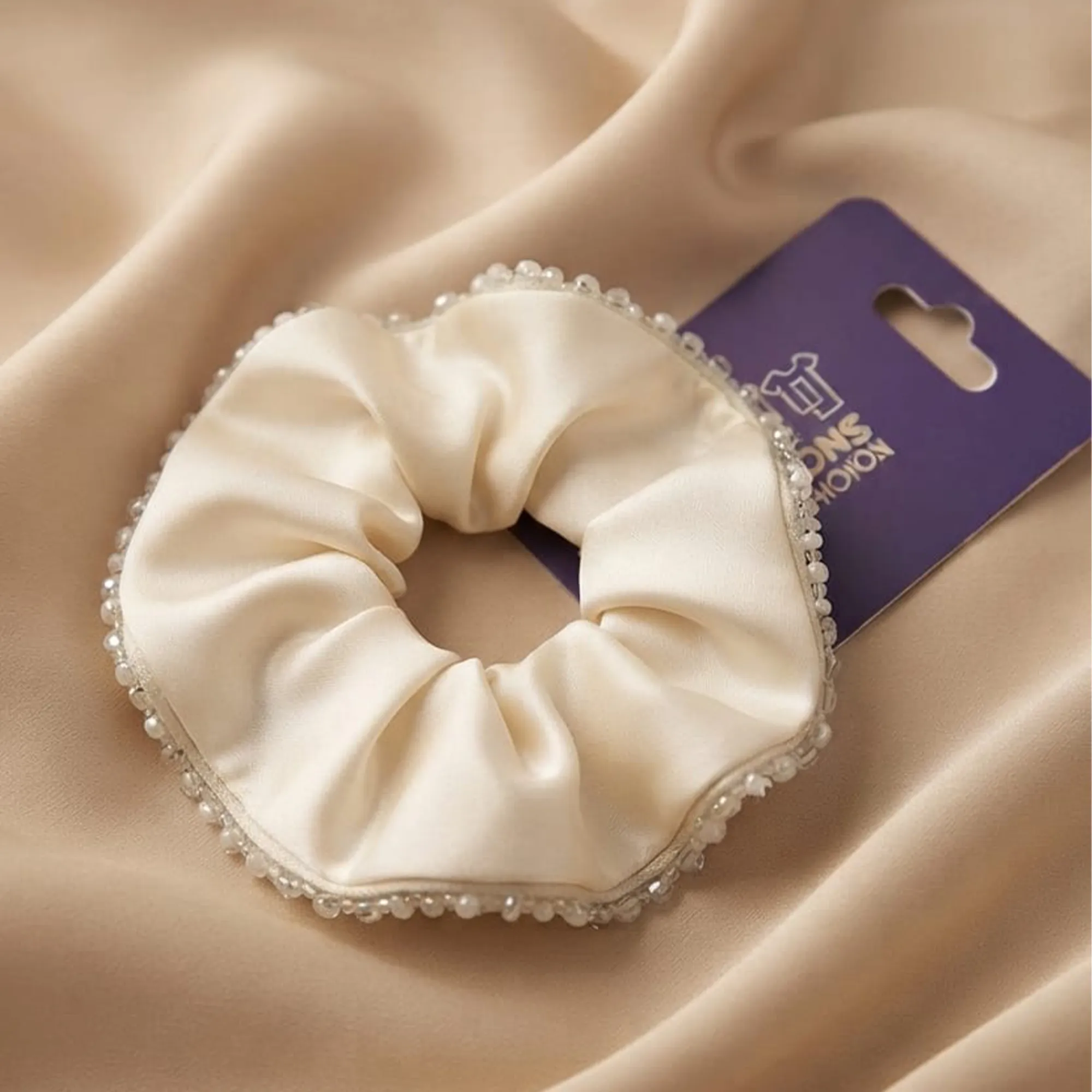 Ivory-satin-scrunchie-with-pearl-beaded-edge-hair-accessory-for-women