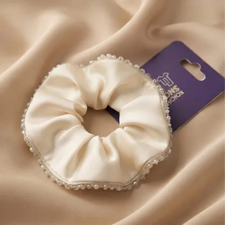 Ivory-satin-scrunchie-with-pearl-beaded-edge-hair-accessory-for-women