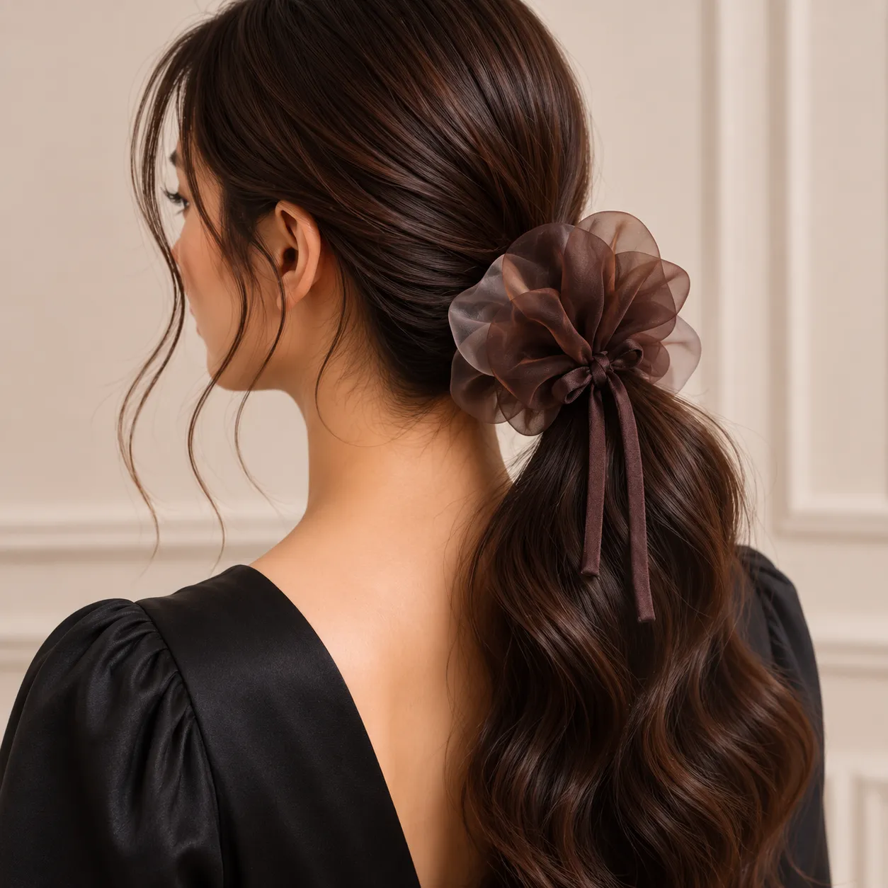 Brown-organza-scrunchie-with-ribbon-tie-hair-accessory-for-women
