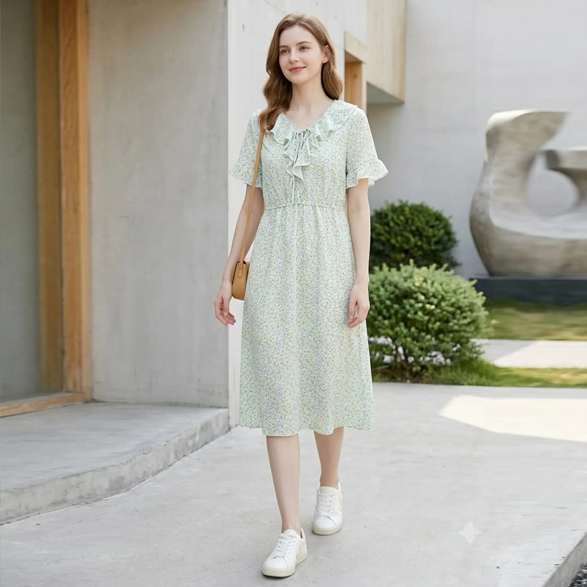 Pastel-floral-midi-dress-for-women-with-ruffle-collar-tie-front-and-short-ruffle-sleeves