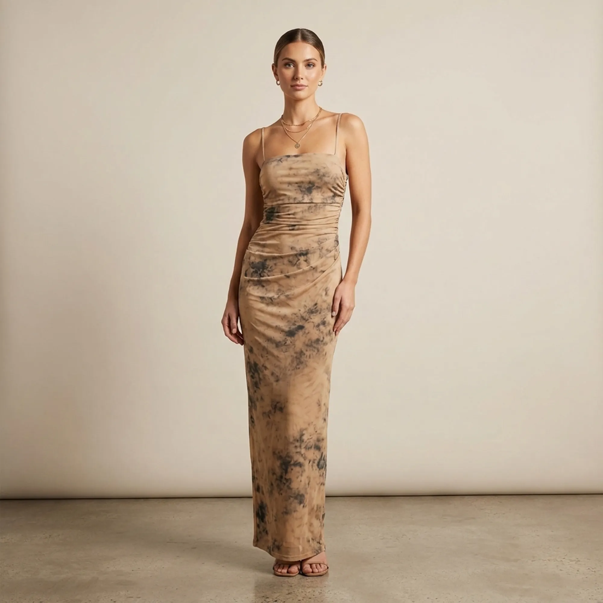 Brown-and-black-marble-print-ruched-maxi-dress-for-women-front-and-back-view