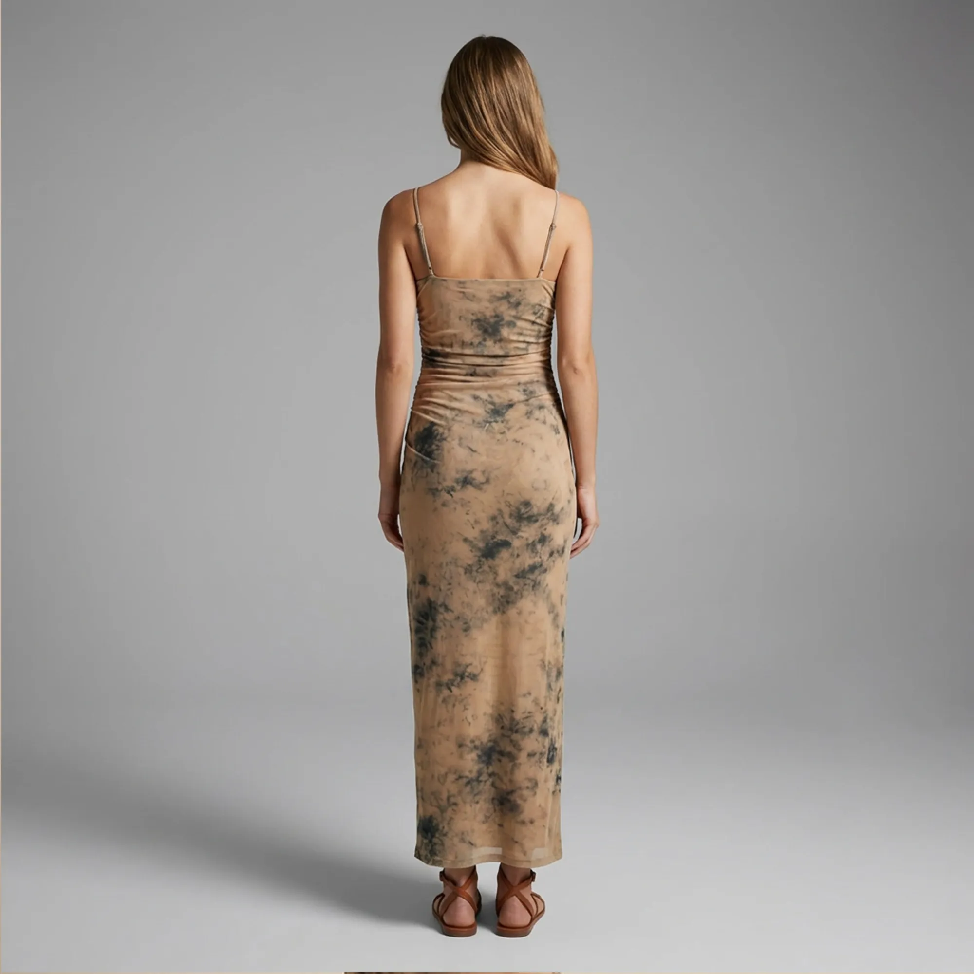 Brown-and-black-marble-print-ruched-maxi-dress-for-women-front-and-back-view