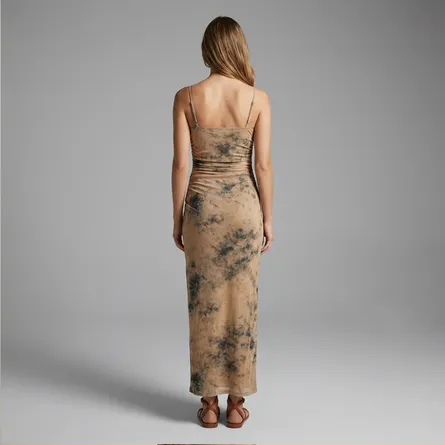 Brown-and-black-marble-print-ruched-maxi-dress-for-women-front-and-back-view