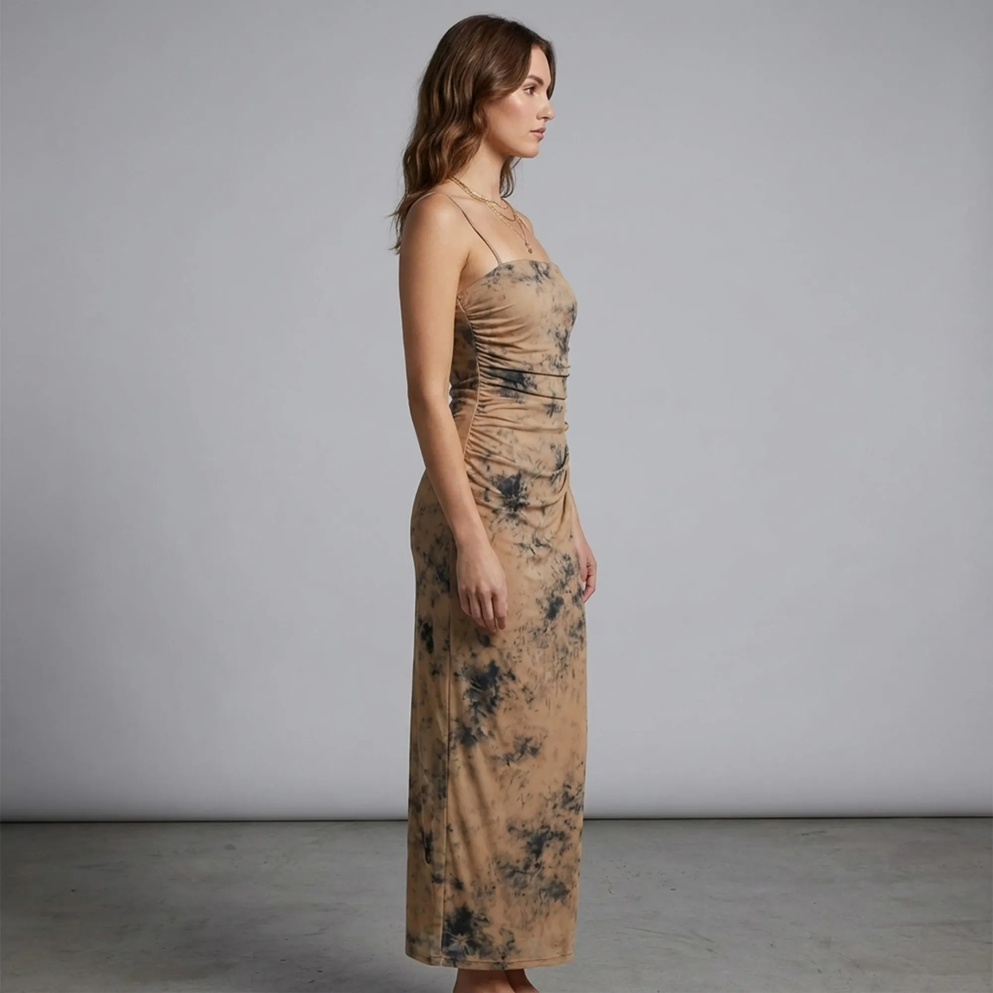 Brown-and-black-marble-print-ruched-maxi-dress-for-women-front-and-back-view
