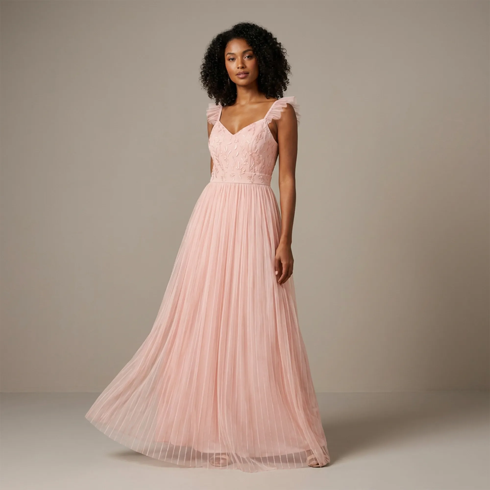 Pink-embroidered-pleated-maxi-dress-with-ruffle-straps-for-women-front-view
