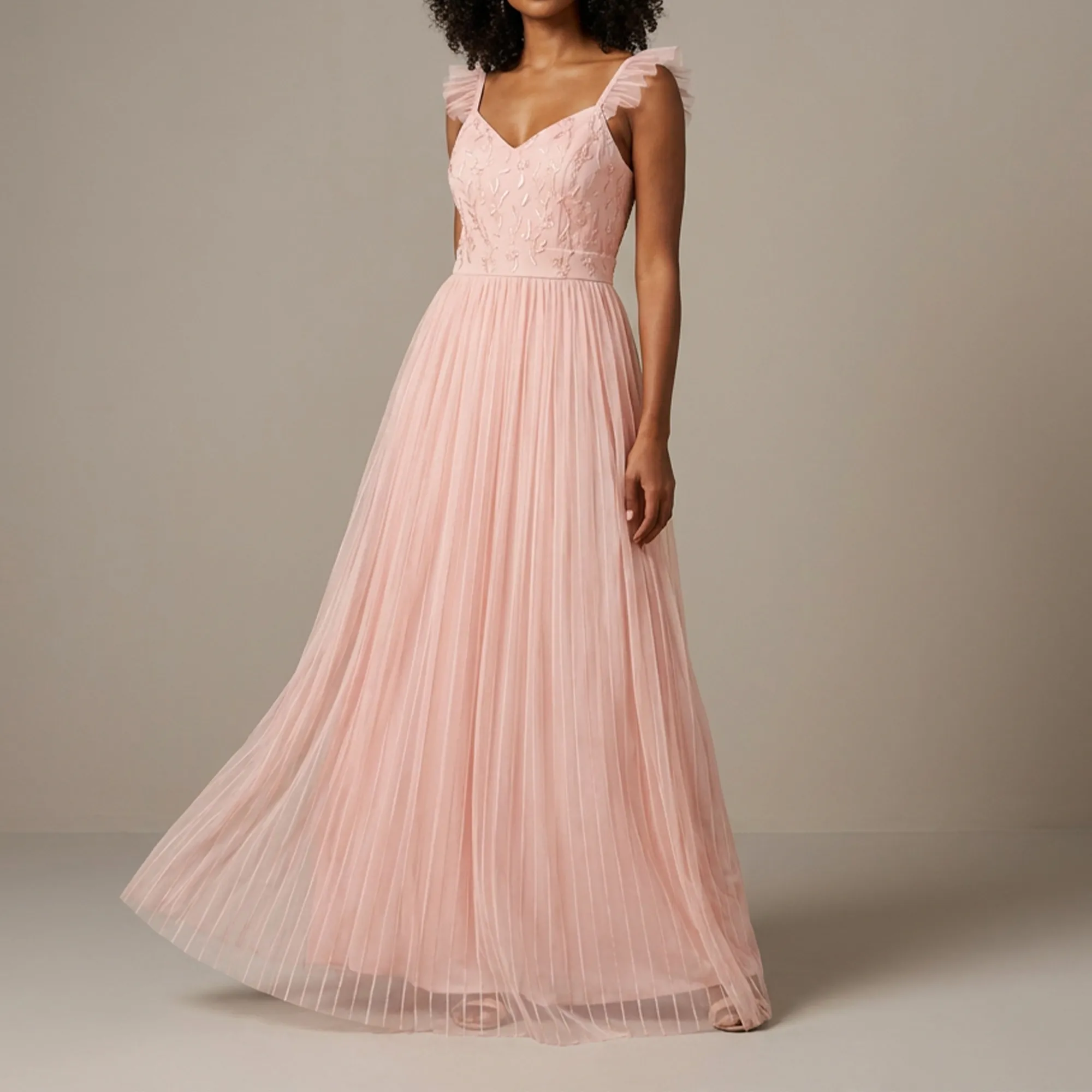Pink-embroidered-pleated-maxi-dress-with-ruffle-straps-for-women-front-view