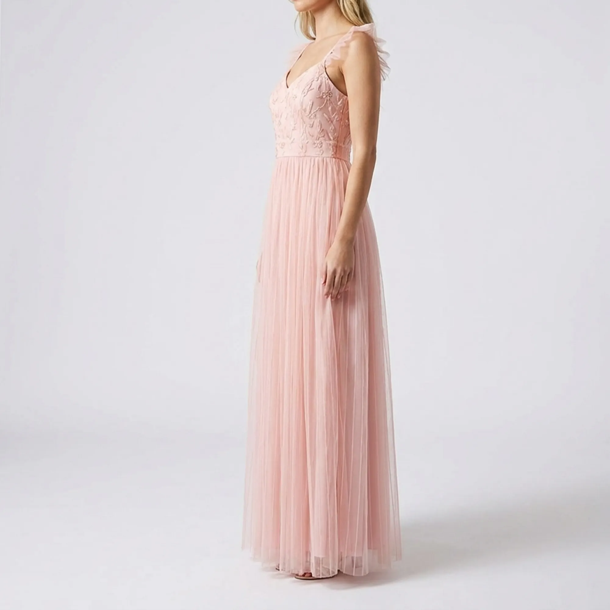 Pink-embroidered-pleated-maxi-dress-with-ruffle-straps-for-women-front-view