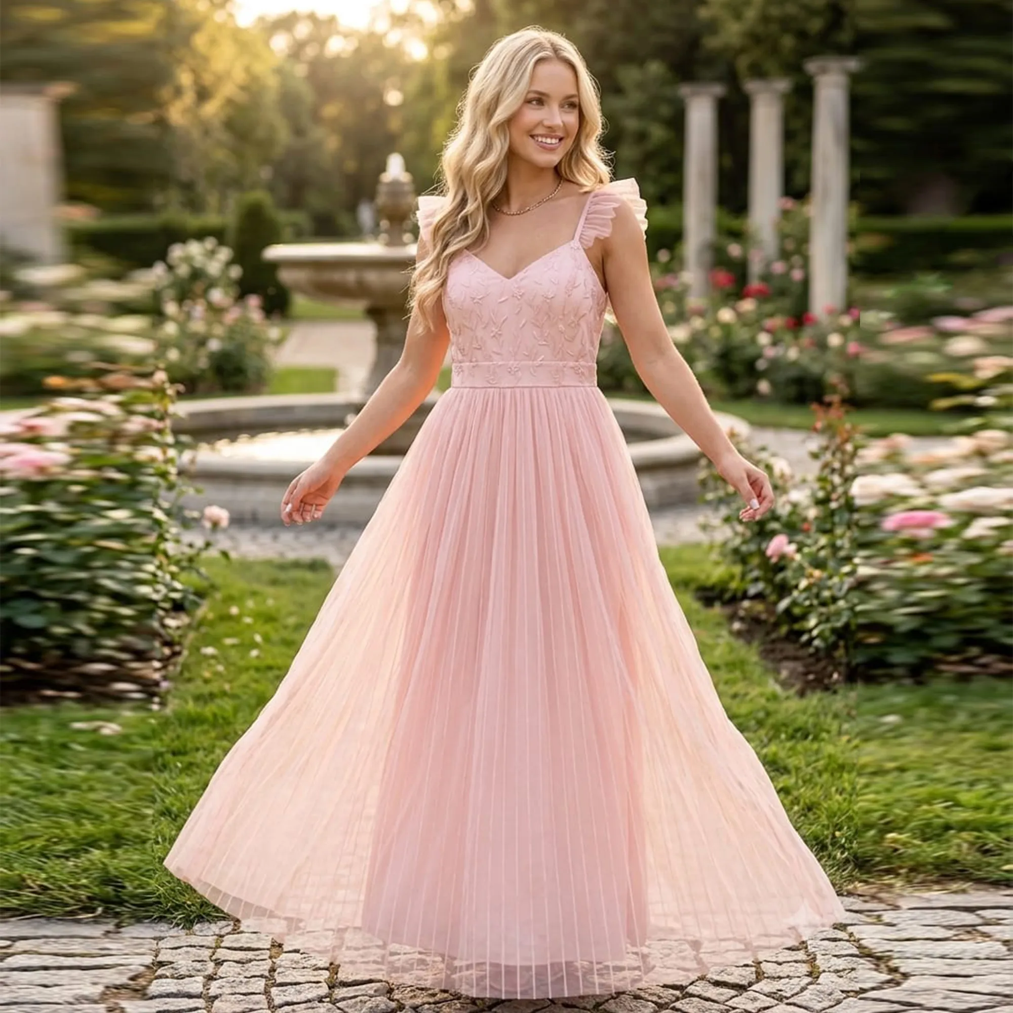 Pink-embroidered-pleated-maxi-dress-with-ruffle-straps-for-women-front-view