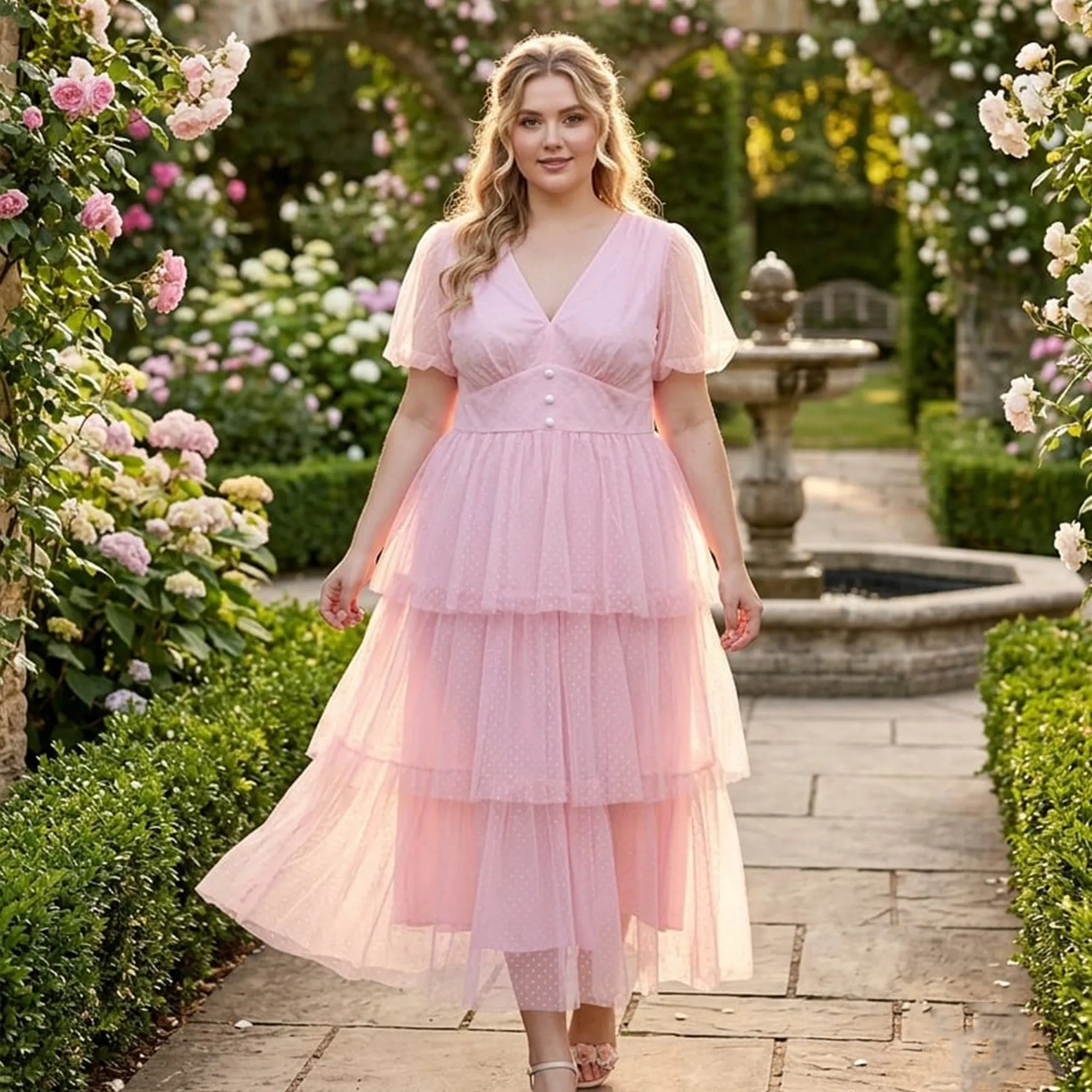 Pink-v-neck-tiered-maxi-dress-with-sheer-sleeves-and-button-waist-for-women-front-view