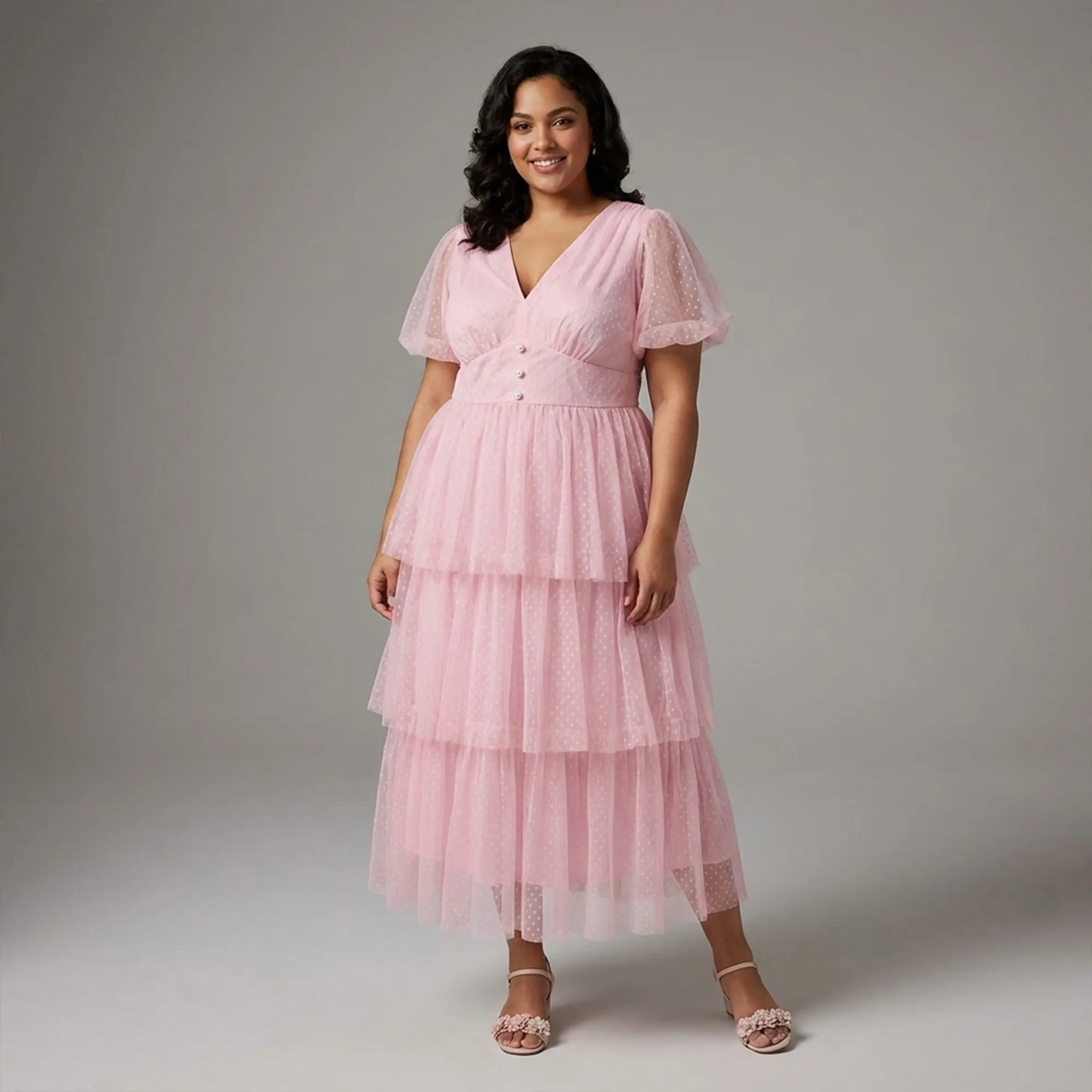 Pink-v-neck-tiered-maxi-dress-with-sheer-sleeves-and-button-waist-for-women-front-view