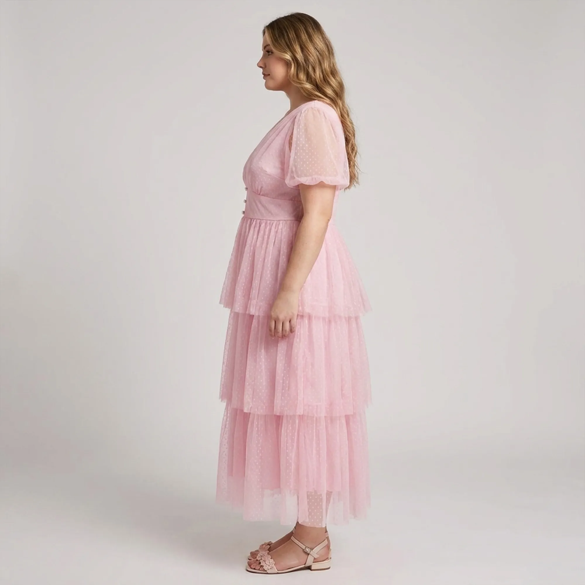 Pink-v-neck-tiered-maxi-dress-with-sheer-sleeves-and-button-waist-for-women-front-view