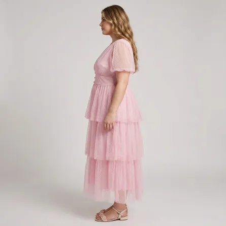 Pink-v-neck-tiered-maxi-dress-with-sheer-sleeves-and-button-waist-for-women-front-view