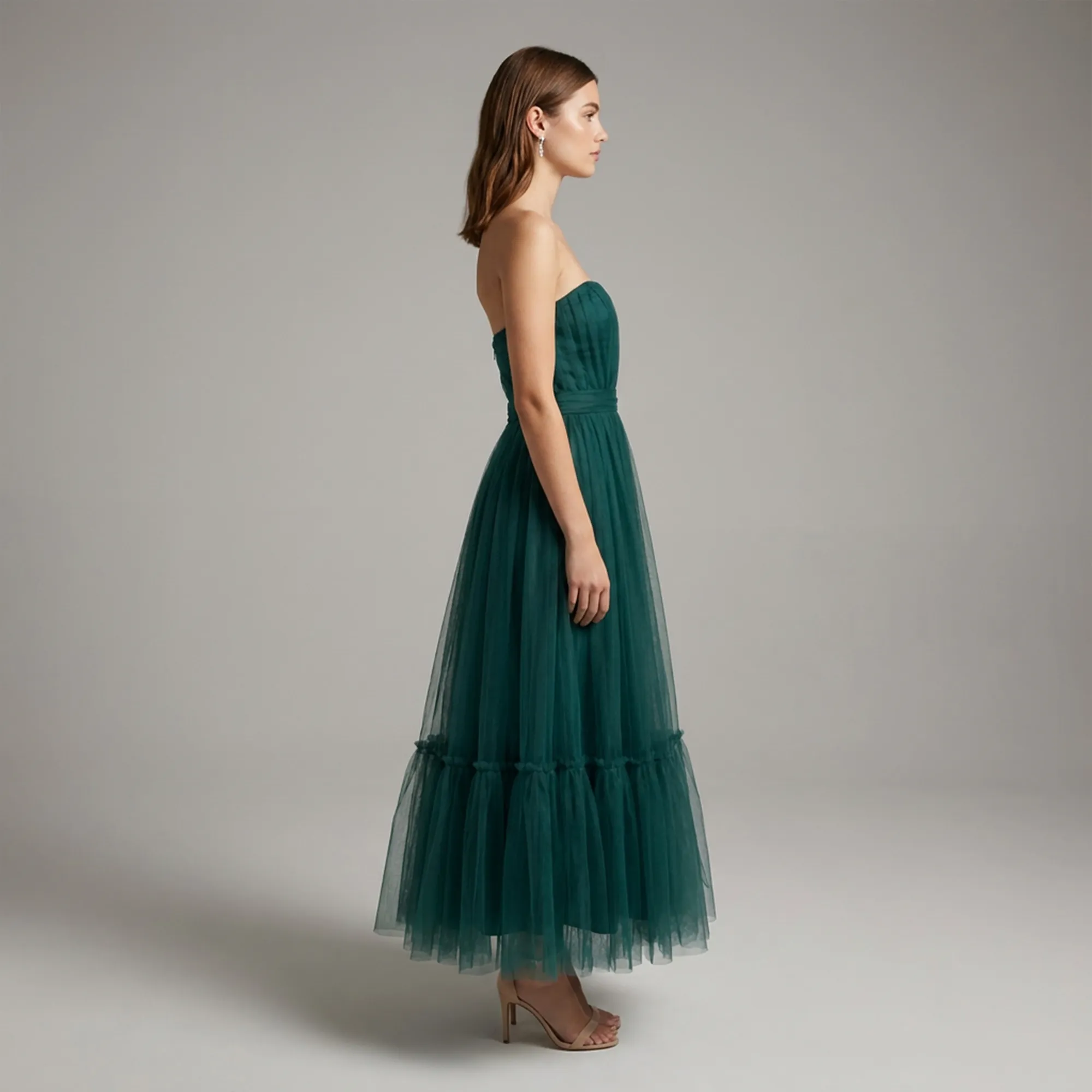 Teal-strapless-tulle-maxi-dress-with-pleated-bodice-and-tiered-skirt-for-women-front-view