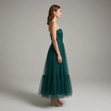 Teal-strapless-tulle-maxi-dress-with-pleated-bodice-and-tiered-skirt-for-women-front-view
