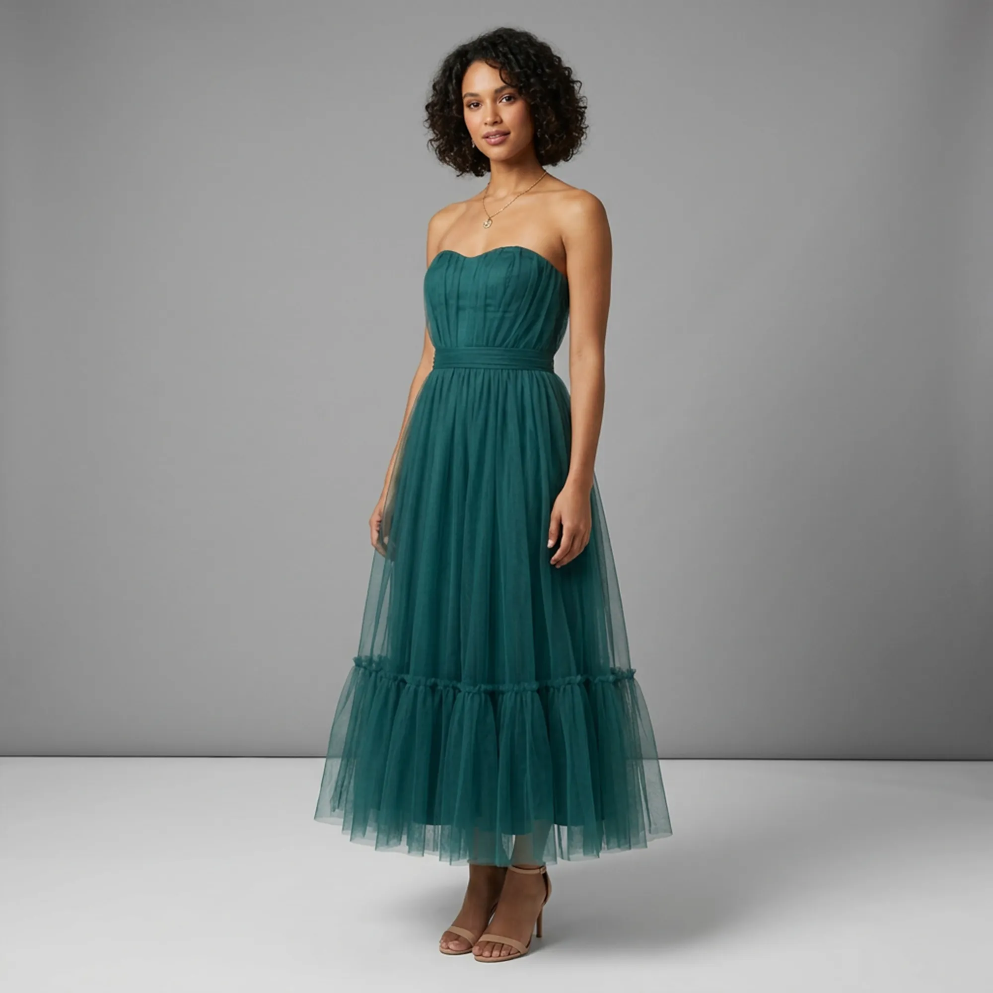 Teal-strapless-tulle-maxi-dress-with-pleated-bodice-and-tiered-skirt-for-women-front-view