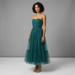 Teal-strapless-tulle-maxi-dress-with-pleated-bodice-and-tiered-skirt-for-women-front-view