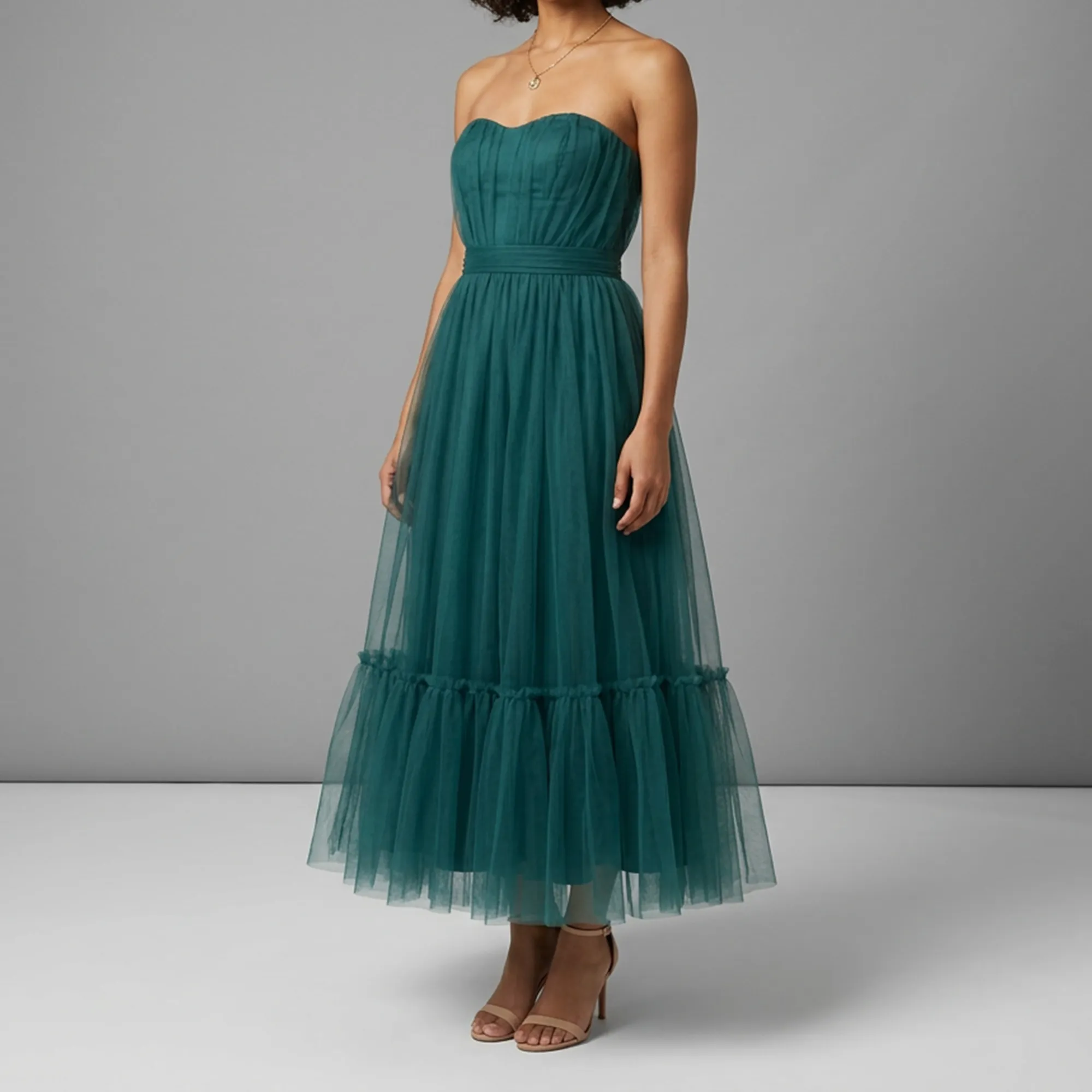 Teal-strapless-tulle-maxi-dress-with-pleated-bodice-and-tiered-skirt-for-women-front-view