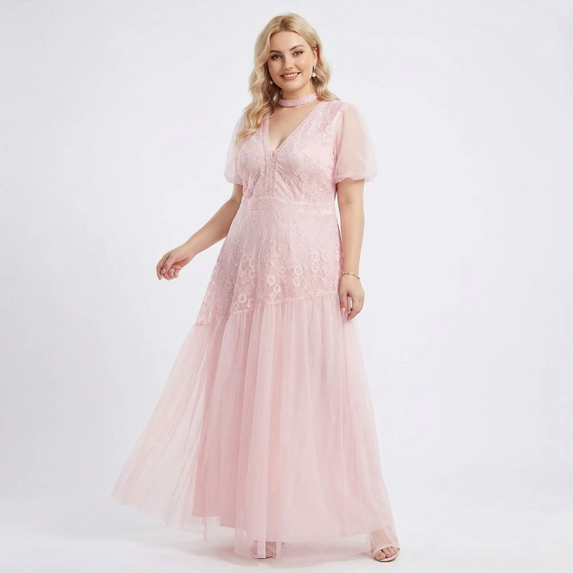 Light-pink-lace-maxi-dress-for-women-with-sheer-puff-sleeves-and-flowing-skirt
