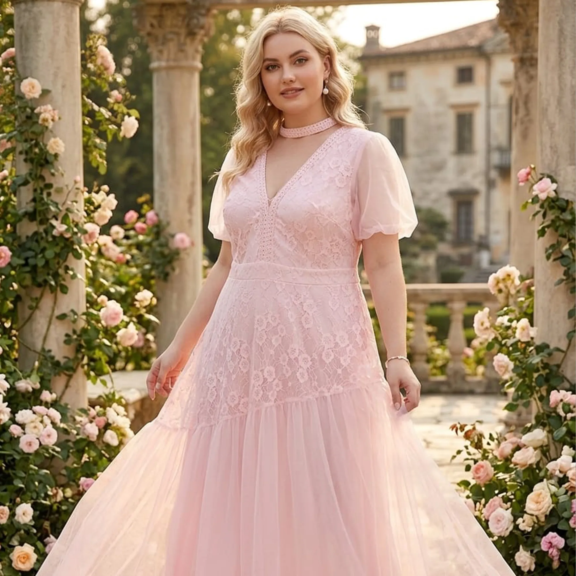Light-pink-lace-maxi-dress-for-women-with-sheer-puff-sleeves-and-flowing-skirt