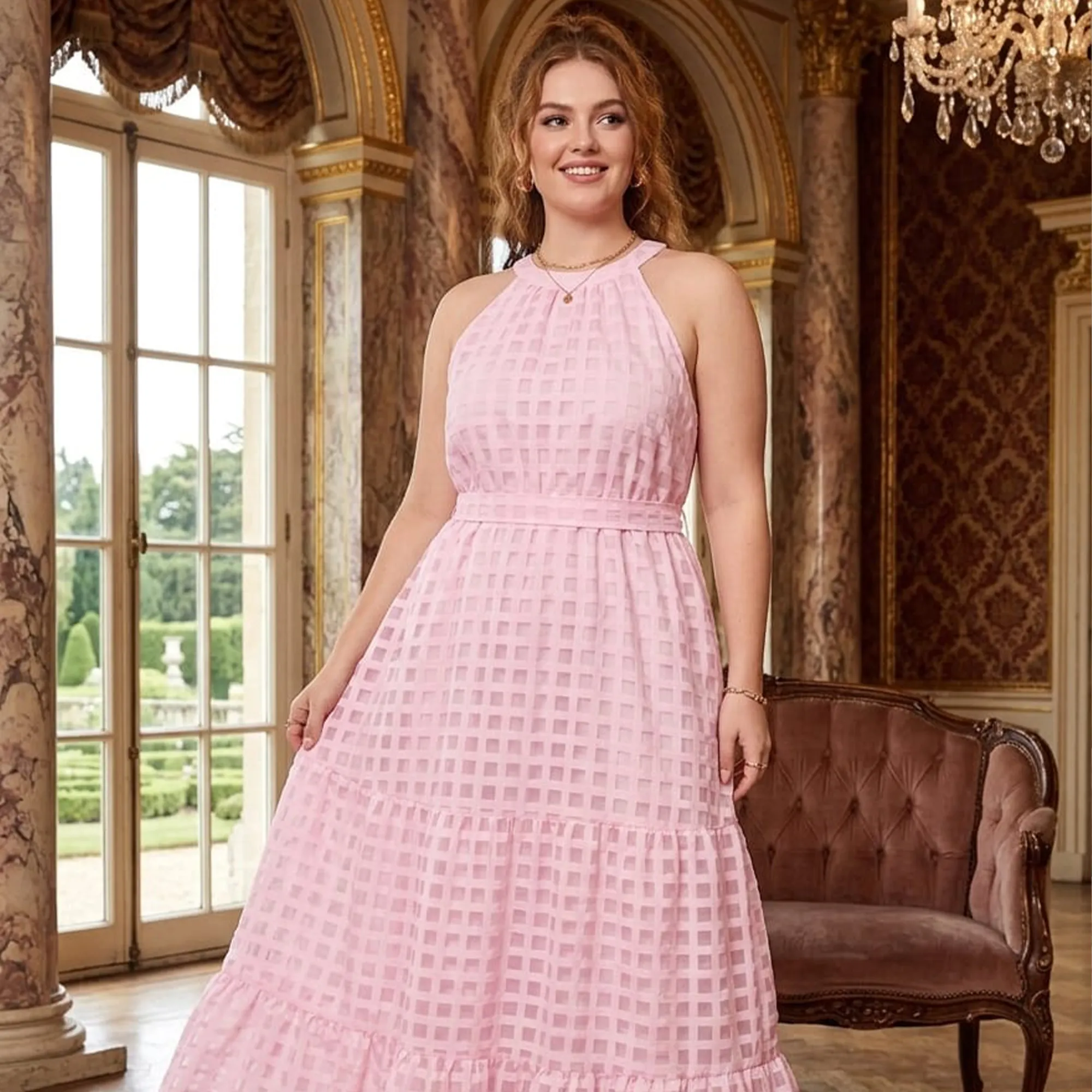 Pink-checked-halter-neck-tiered-maxi-dress-for-women