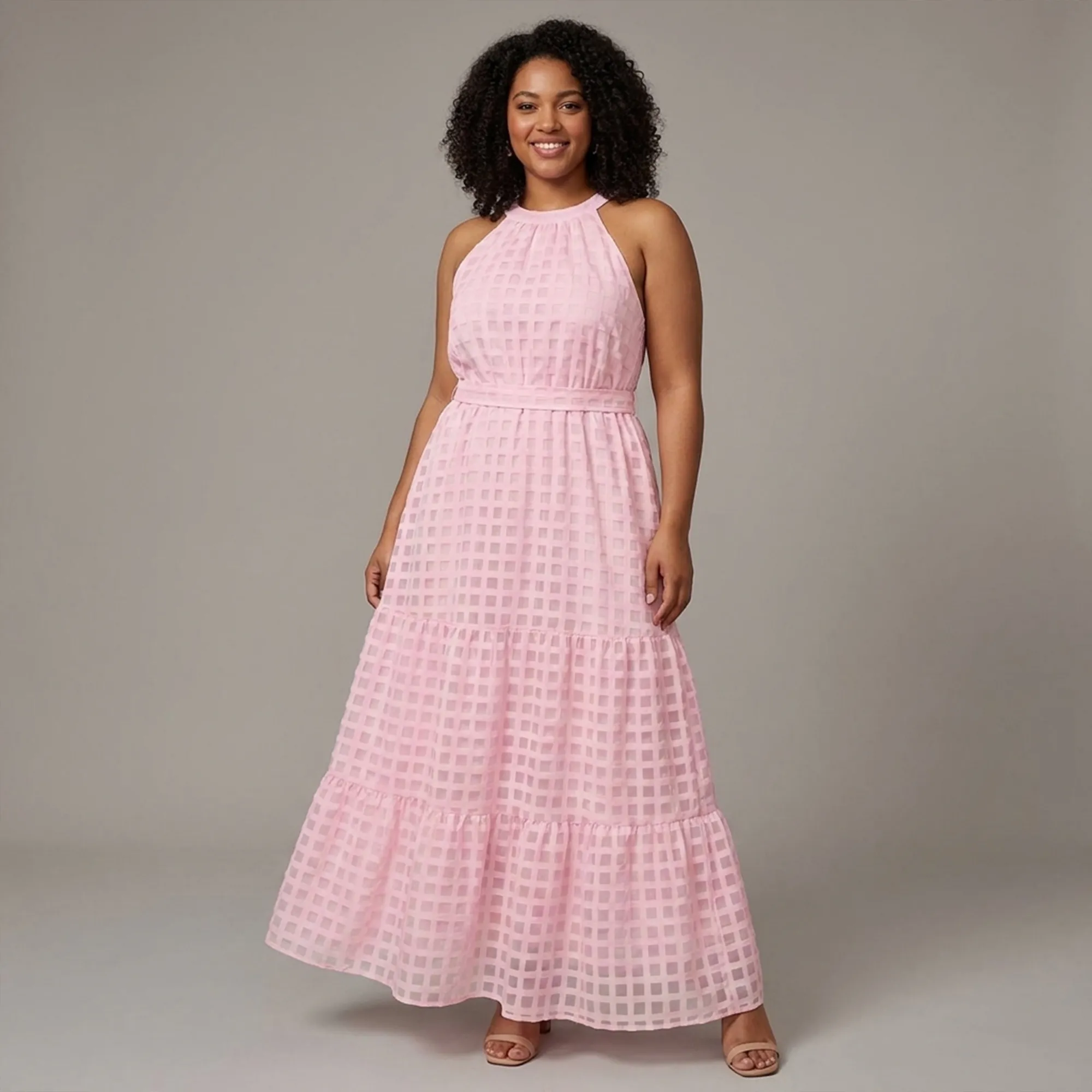 Pink-checked-halter-neck-tiered-maxi-dress-for-women