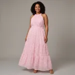Pink-checked-halter-neck-tiered-maxi-dress-for-women