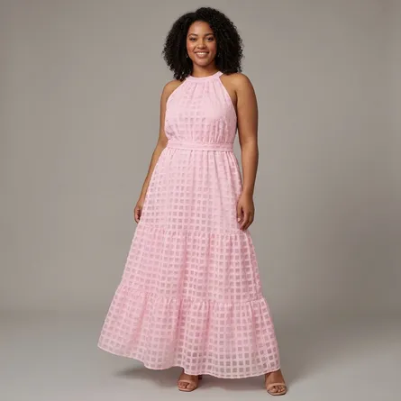 Pink-checked-halter-neck-tiered-maxi-dress-for-women