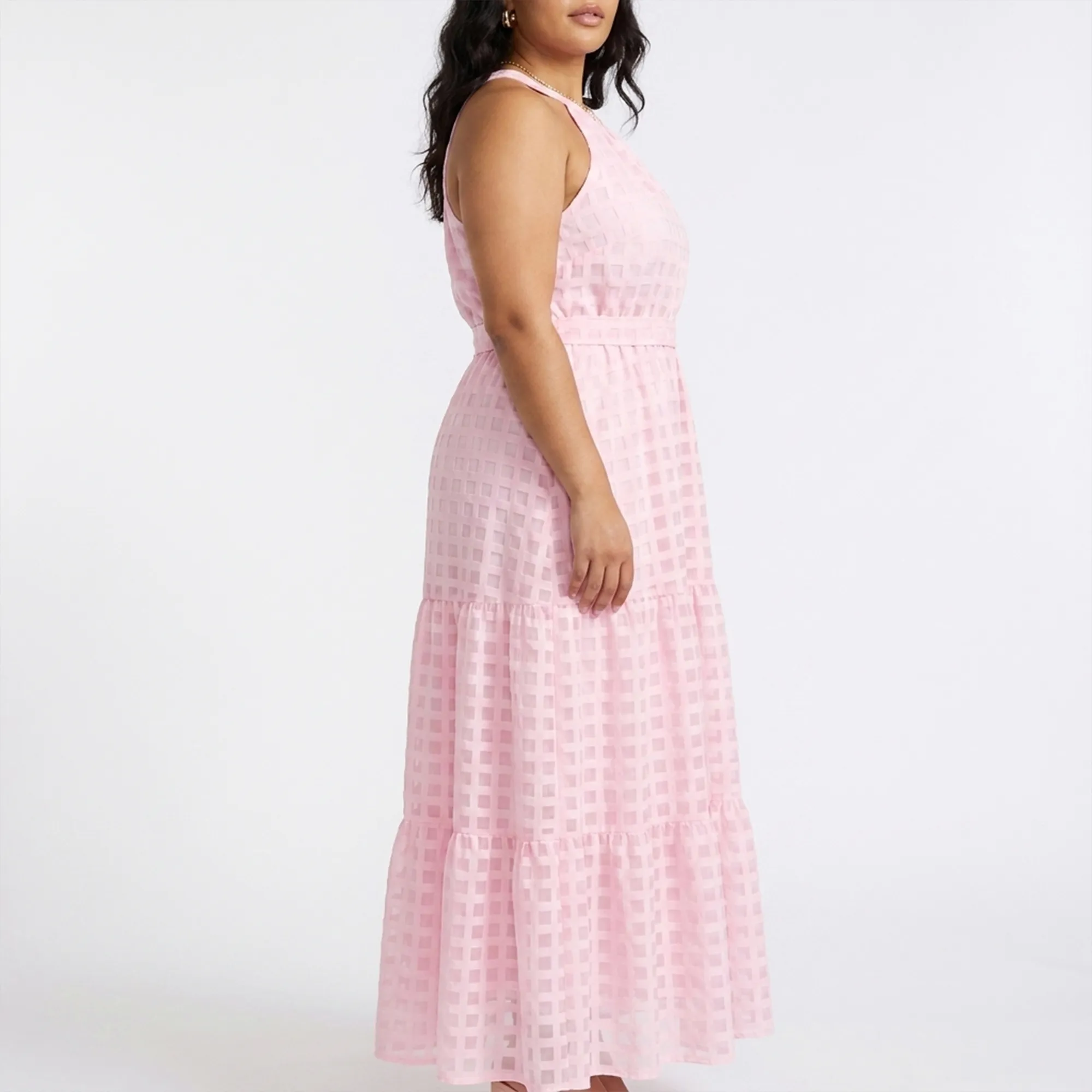 Pink-checked-halter-neck-tiered-maxi-dress-for-women