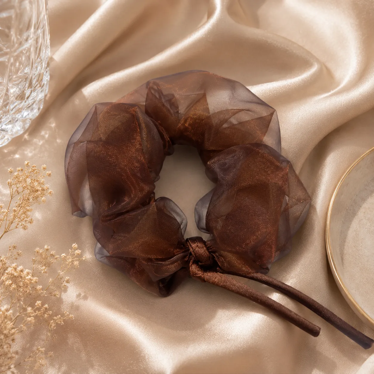 Brown-organza-scrunchie-with-ribbon-tie-hair-accessory-for-women