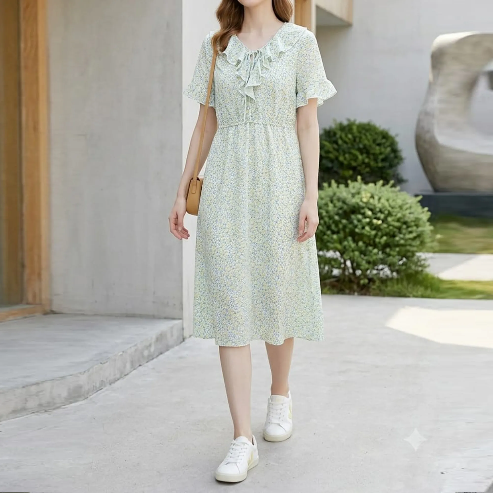 Pastel-floral-midi-dress-for-women-with-ruffle-collar-tie-front-and-short-ruffle-sleeves