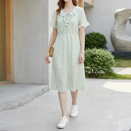 Pastel-floral-midi-dress-for-women-with-ruffle-collar-tie-front-and-short-ruffle-sleeves