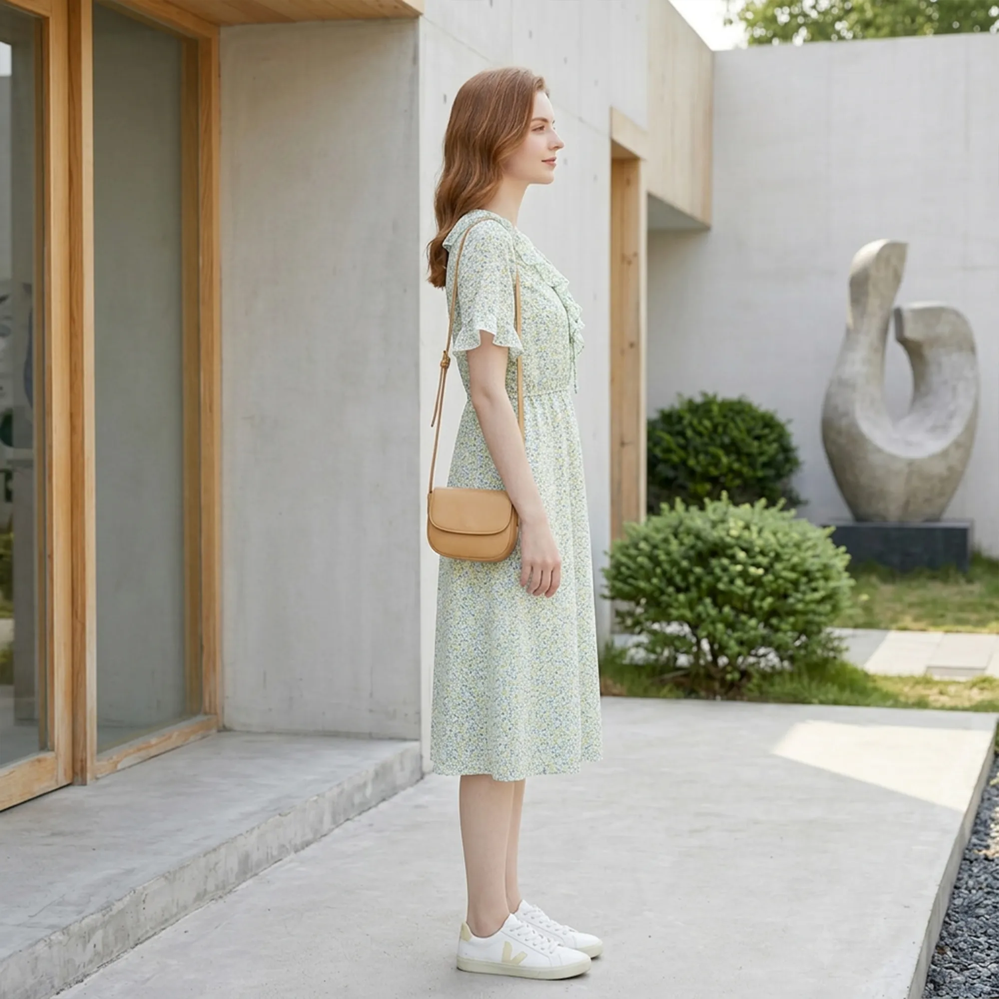 Pastel-floral-midi-dress-for-women-with-ruffle-collar-tie-front-and-short-ruffle-sleeves