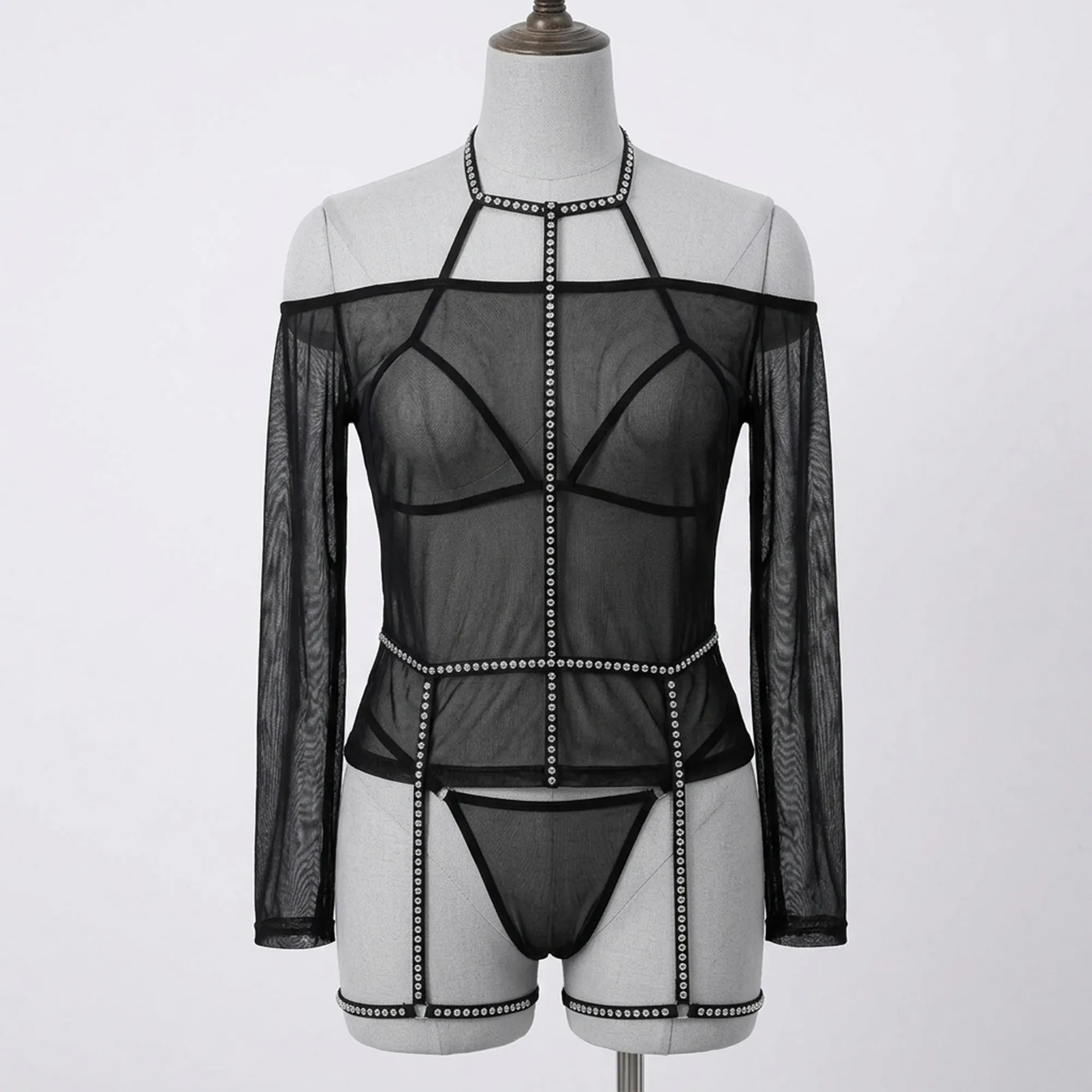 Black-sheer-mesh-lingerie-set-with-long-sleeves-halter-neck-and-stud-trim