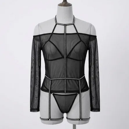 Black-sheer-mesh-lingerie-set-with-long-sleeves-halter-neck-and-stud-trim