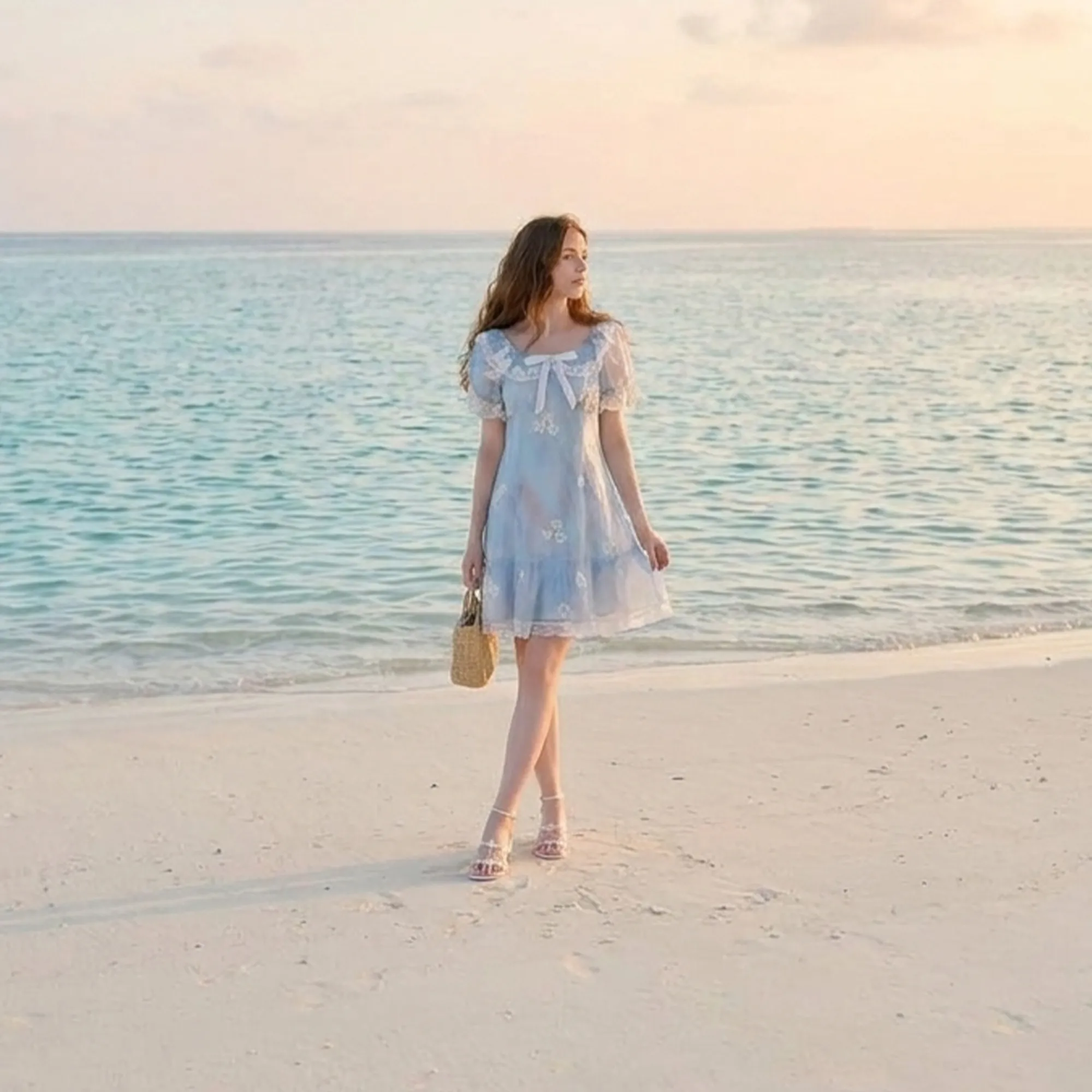 Light-blue-floral-mini-dress-for-women-with-puff-sleeves-and-bow-detail