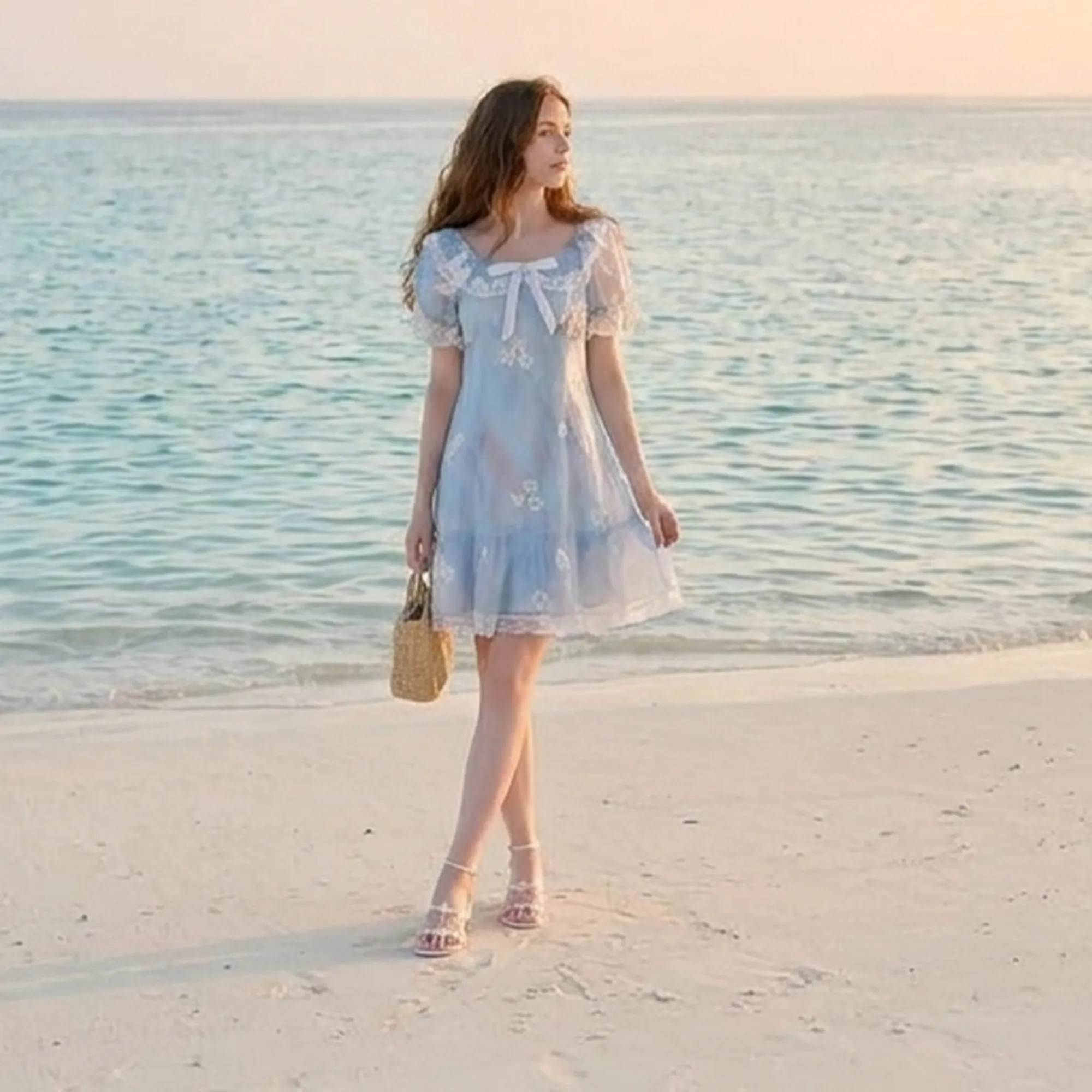 Light-blue-floral-mini-dress-for-women-with-puff-sleeves-and-bow-detail