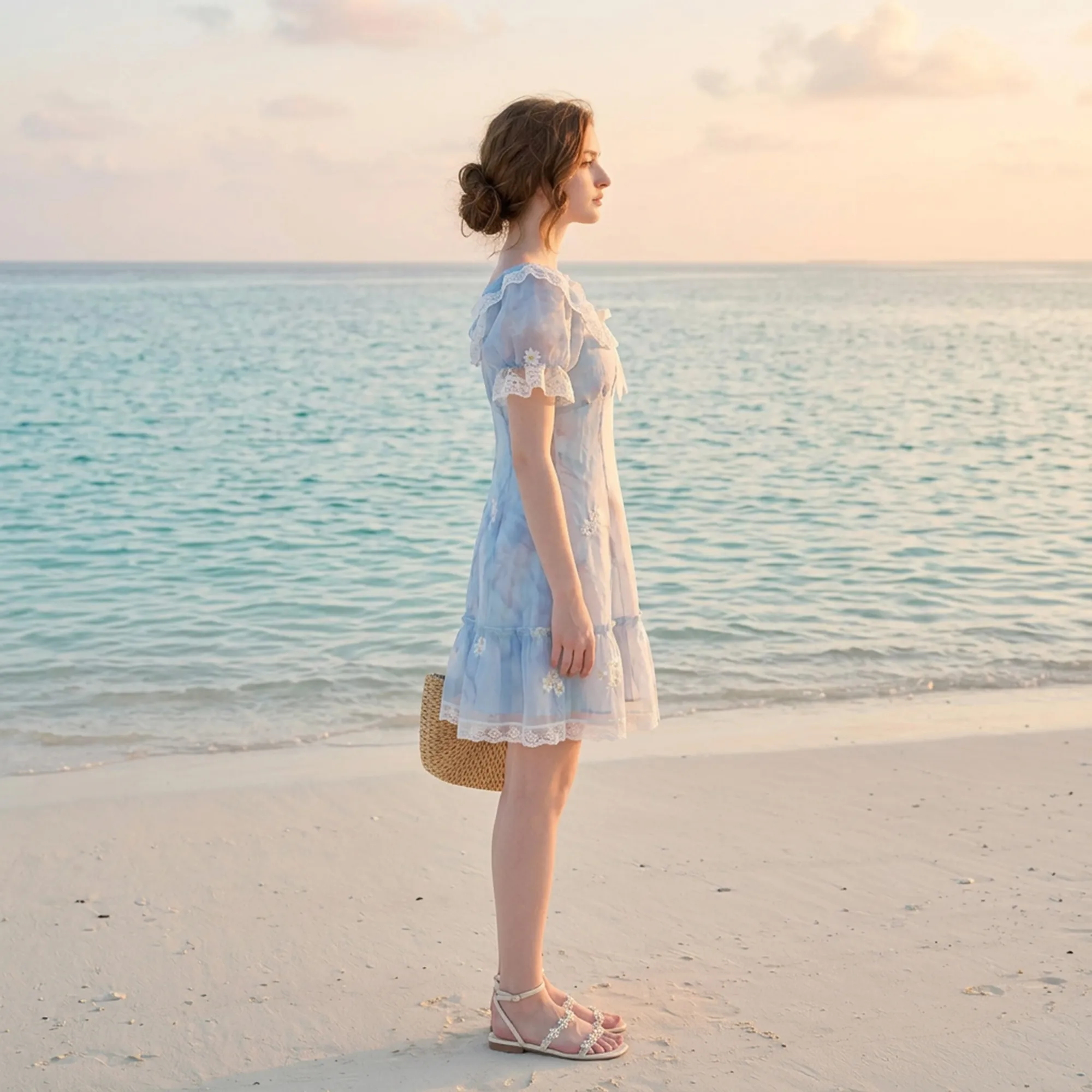 Light-blue-floral-mini-dress-for-women-with-puff-sleeves-and-bow-detail