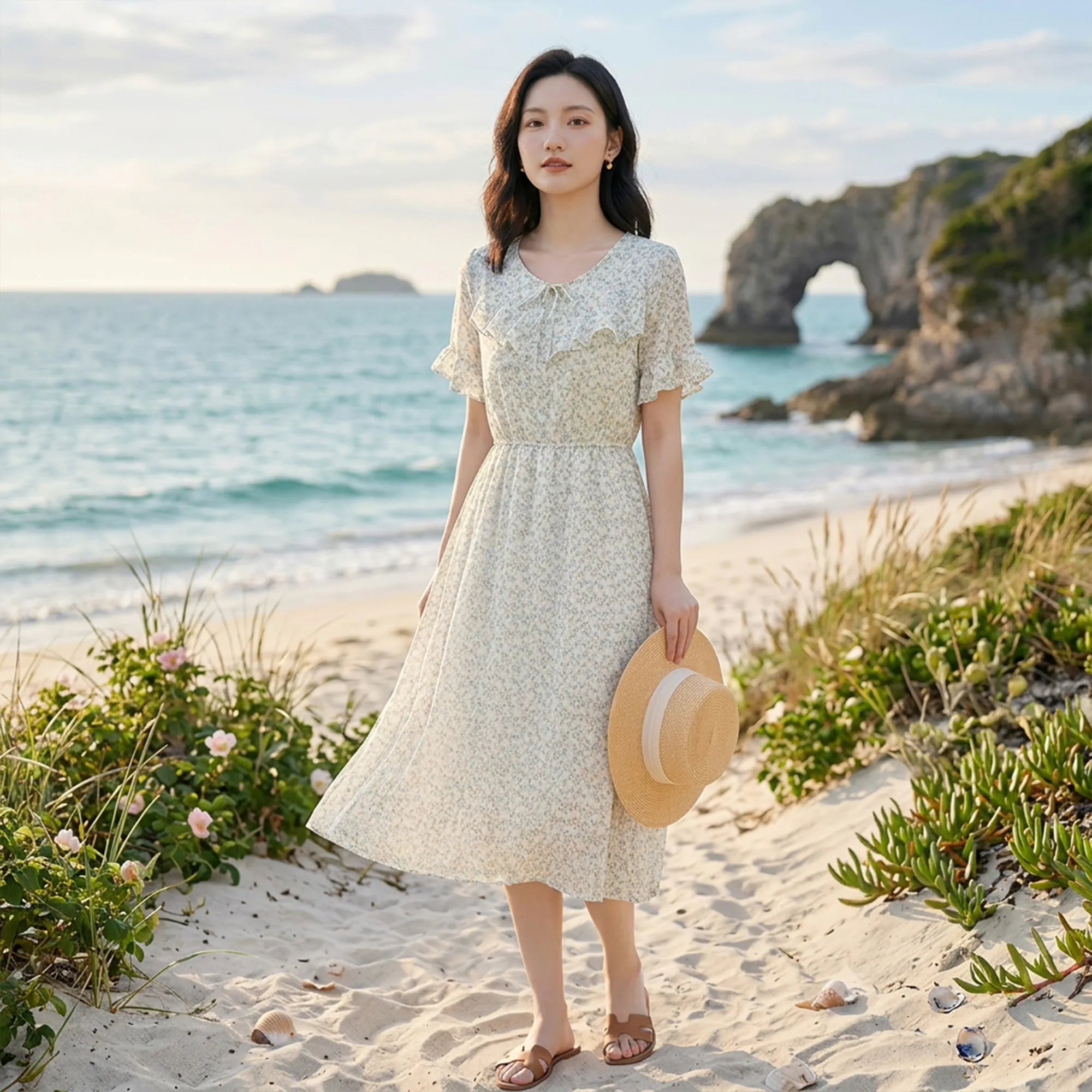 Light-floral-midi-dress-for-women-with-ruffle-sleeves-and-fitted-waist