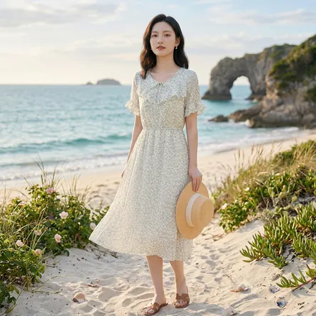 Light-floral-midi-dress-for-women-with-ruffle-sleeves-and-fitted-waist
