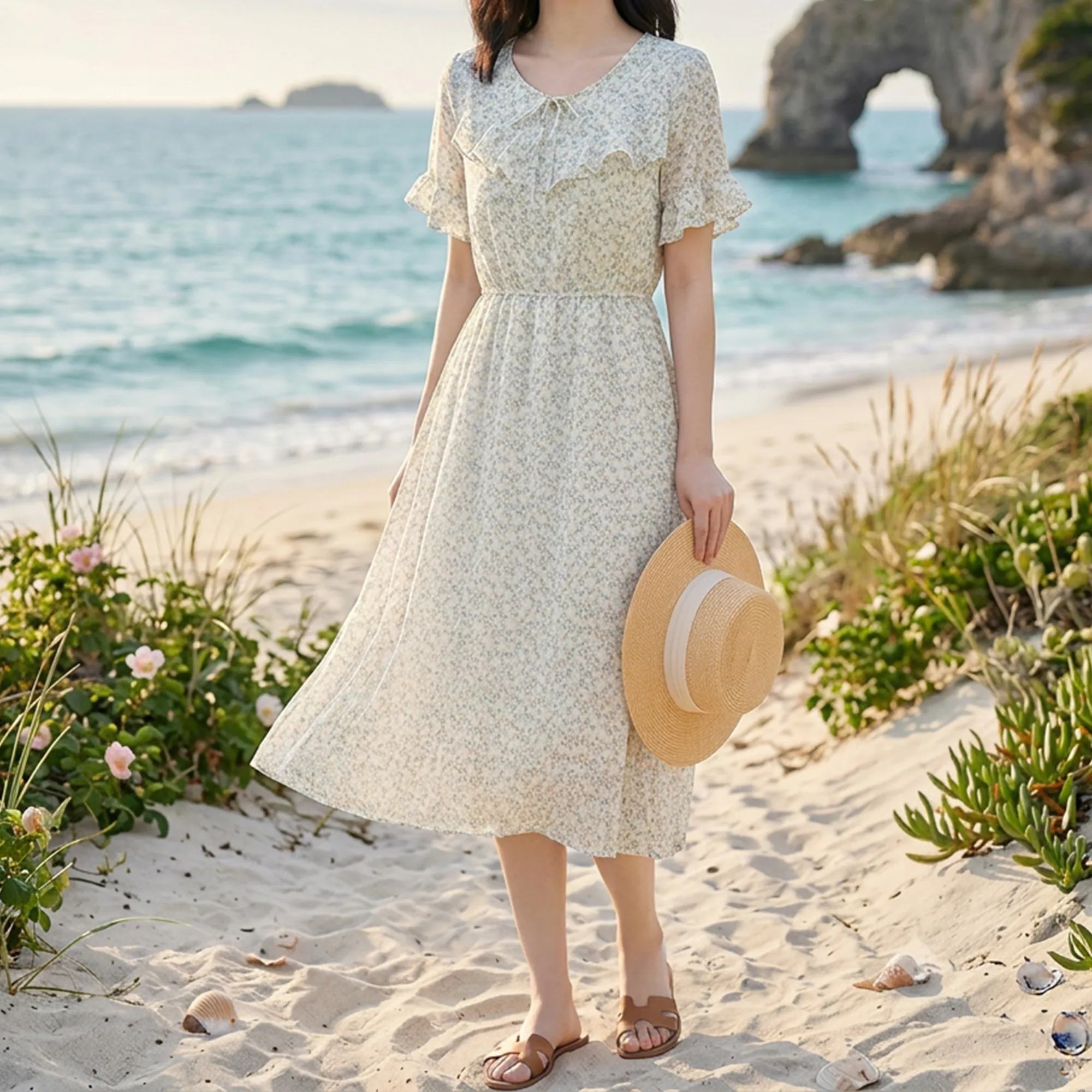 Light-floral-midi-dress-for-women-with-ruffle-sleeves-and-fitted-waist