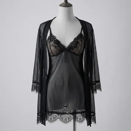 Black-lace-babydoll-lingerie-set-with-sheer-long-sleeve-robe-and-floral-lace-trim