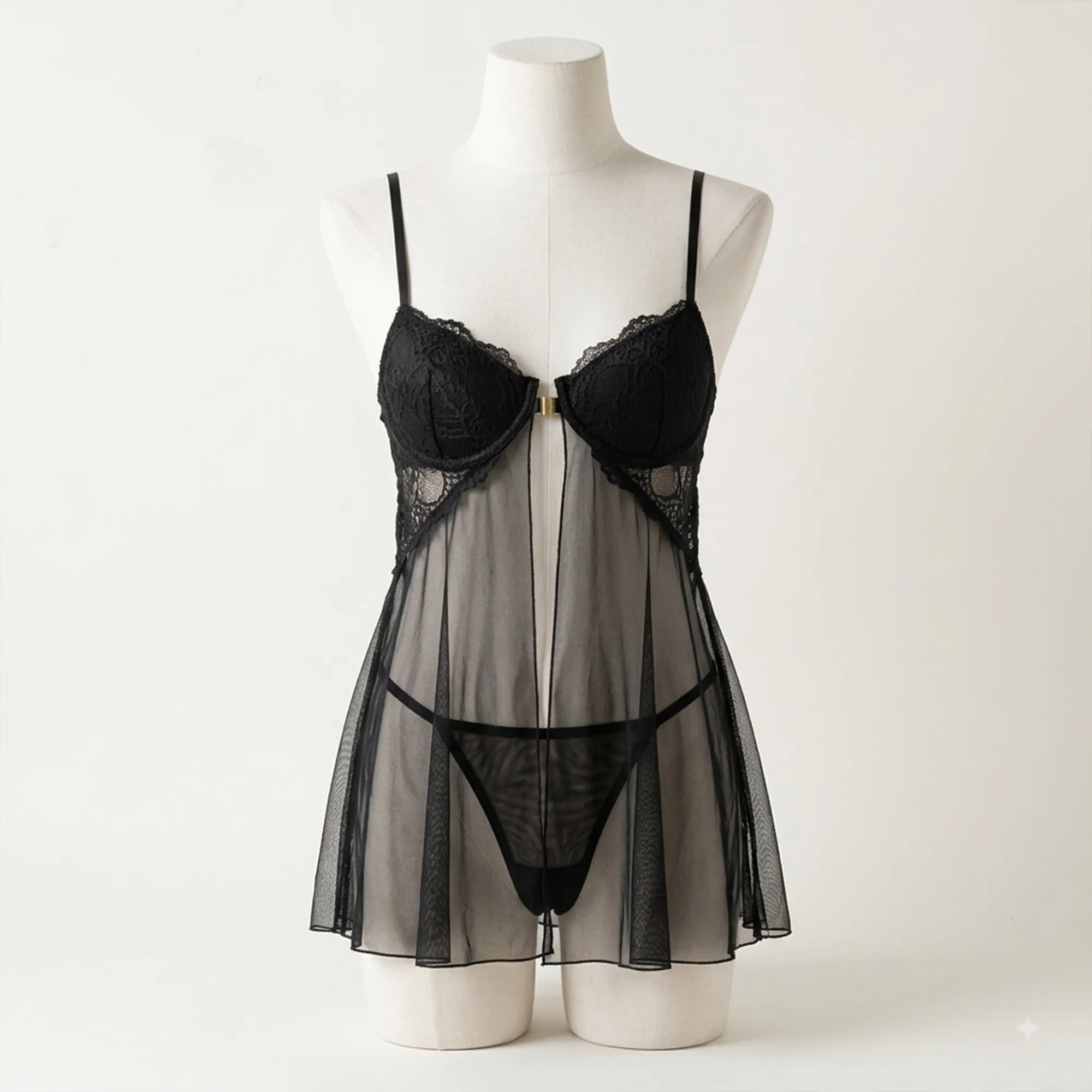 Black-sheer-lace-babydoll-lingerie-set-with-adjustable-straps-and-matching-thong