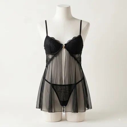 Black-sheer-lace-babydoll-lingerie-set-with-adjustable-straps-and-matching-thong