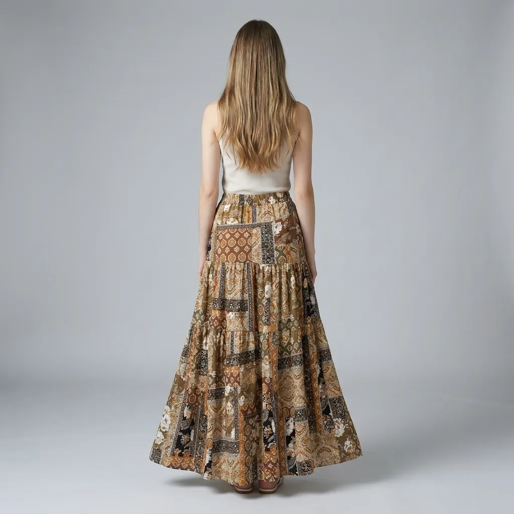 Brown-printed-long-flared-skirt-for-women-with-ethnic-geometric-pattern
