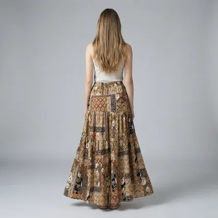 Brown-printed-long-flared-skirt-for-women-with-ethnic-geometric-pattern