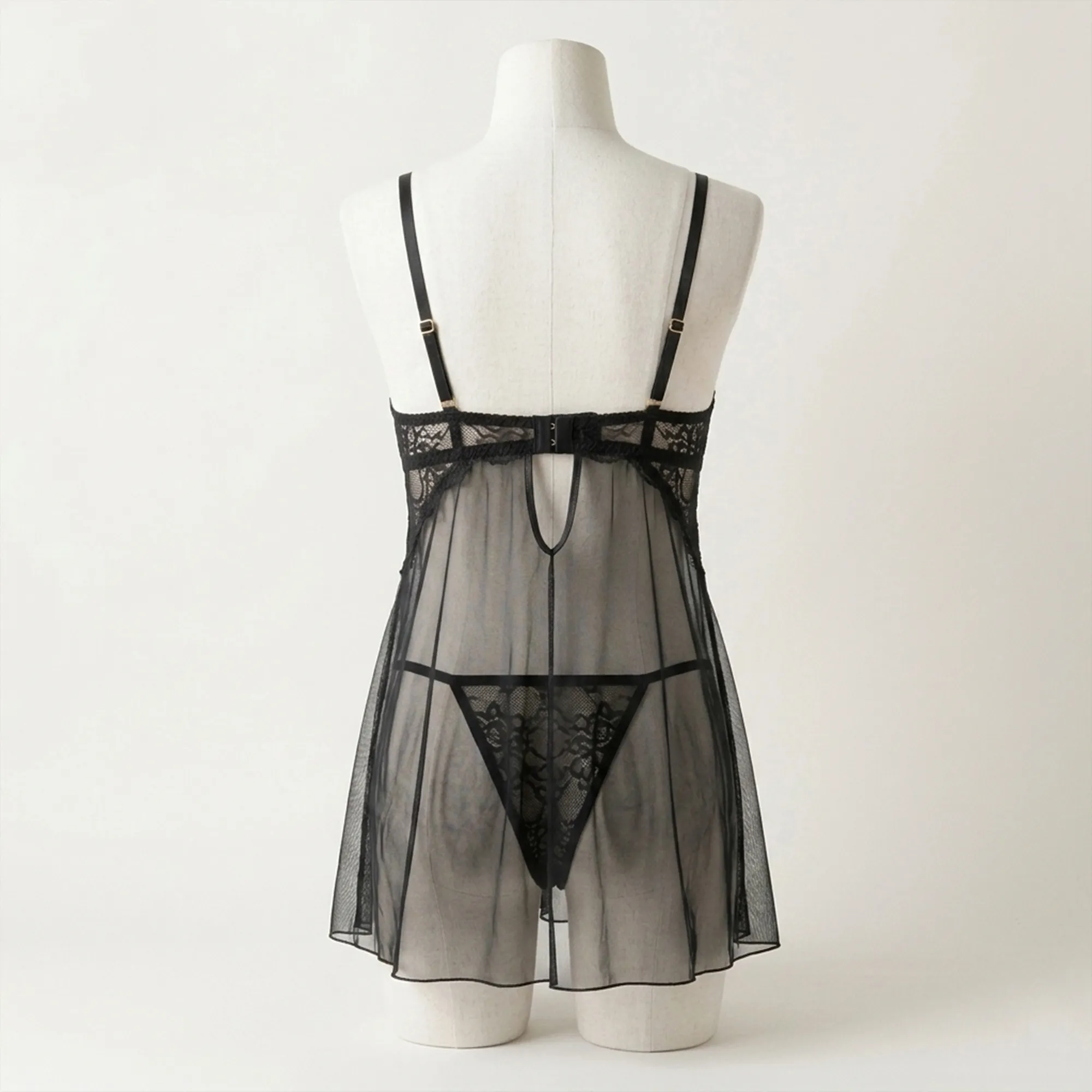 Black-sheer-lace-babydoll-lingerie-set-with-adjustable-straps-and-matching-thong
