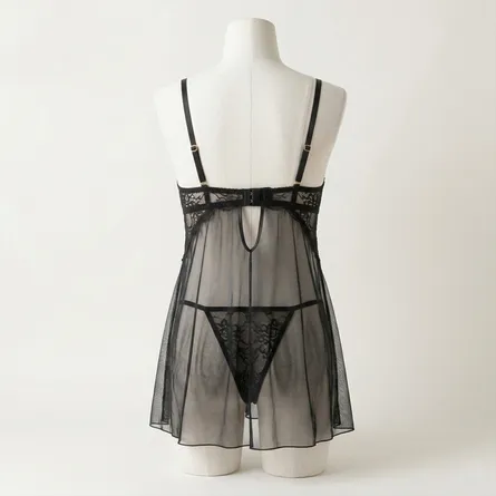 Black-sheer-lace-babydoll-lingerie-set-with-adjustable-straps-and-matching-thong